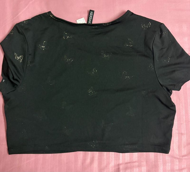 Black Butterfly Print Crop Top