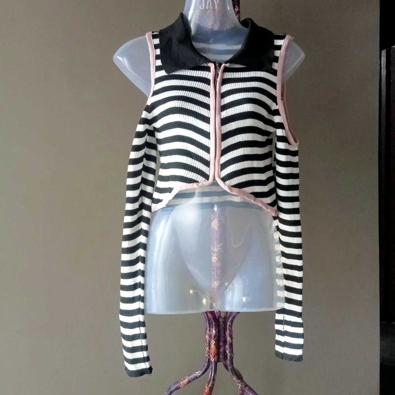 Striped Cold Shoulder Cropped Cardigan