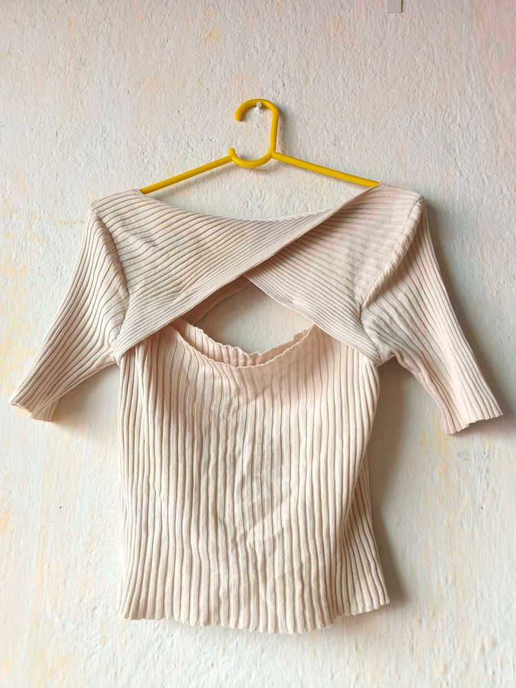 Classy Cream Ribbed Knit Cutout Crop Top