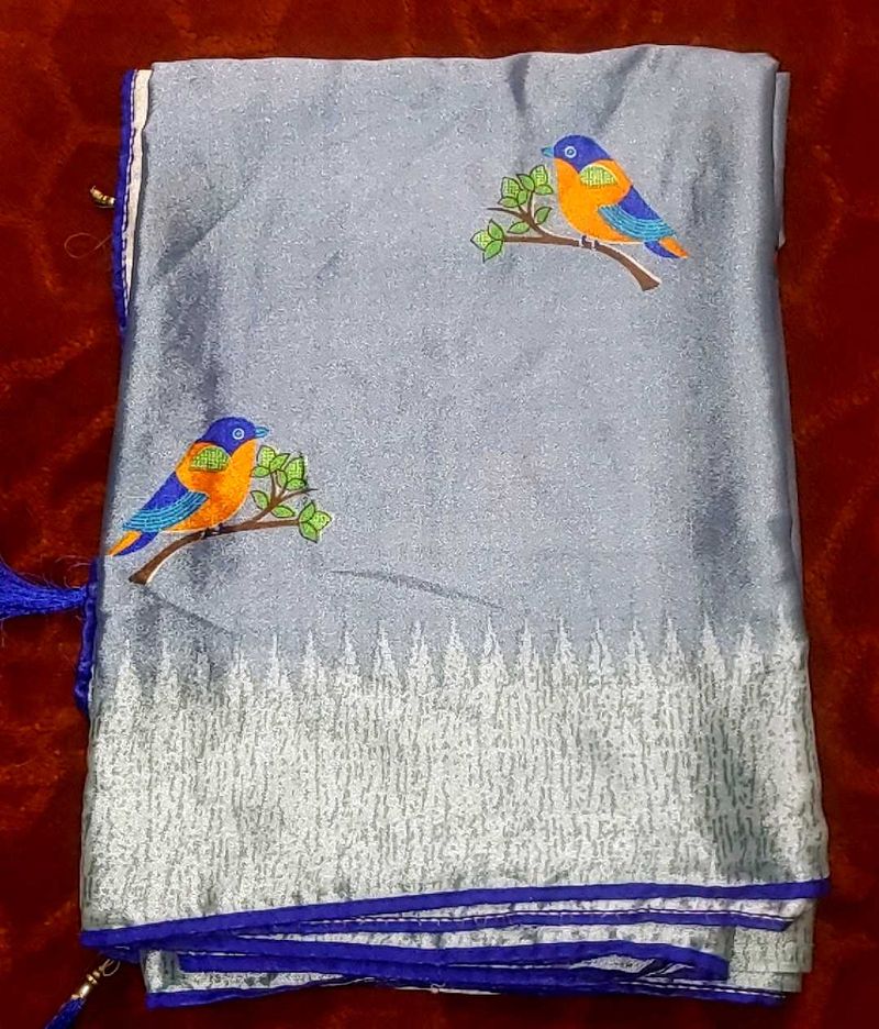 Hand-Embroidered Bird Saree