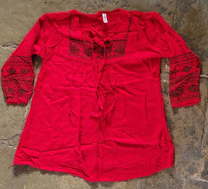 Red Embroidered Tunic Top