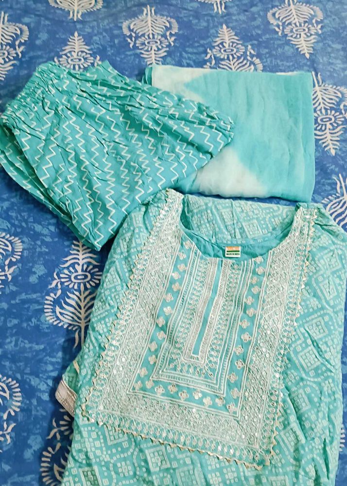 Teal Embroidered Kurta Set With Dupatta