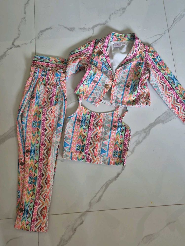 Vibrant Geometric 3-Piece Crop Top &amp; Pants Set