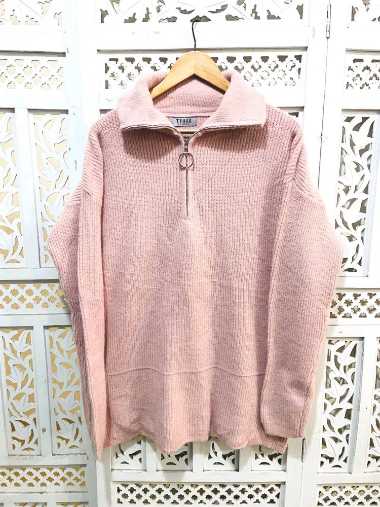 Imported Oversized Pink Zip-Up Sweater C
