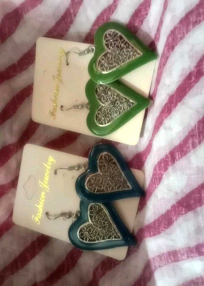 Heart Earrings - Green and Blue