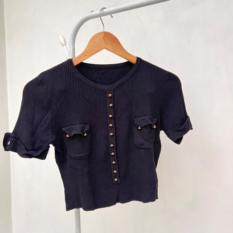 Black Ribbed Knit Top with Gold Versace Buttons