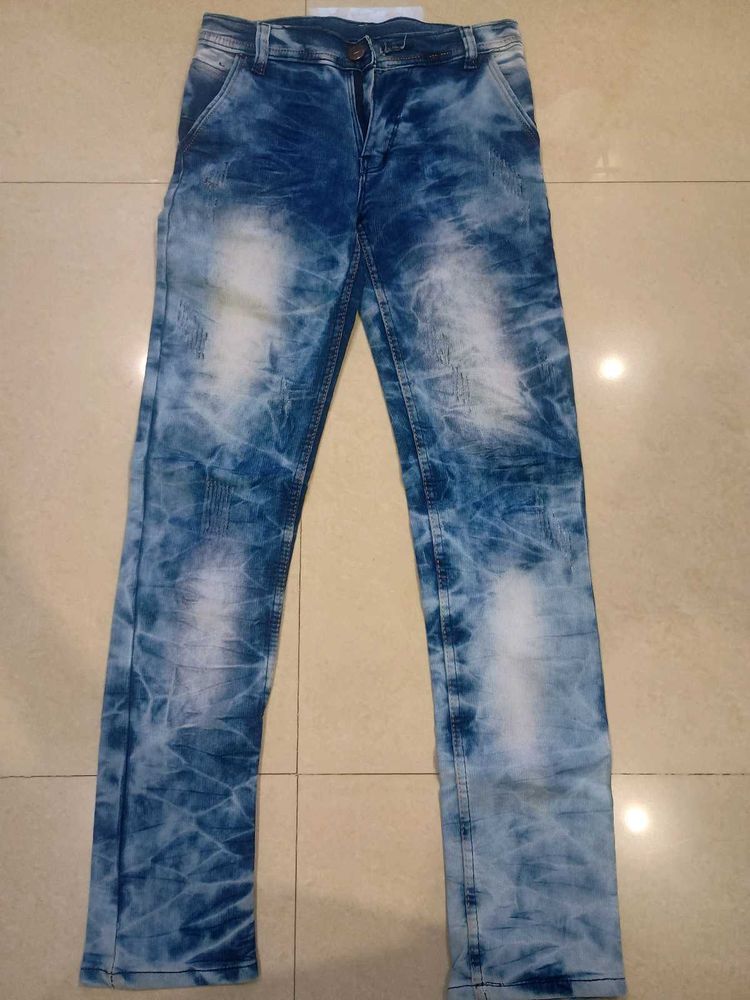 Trendy Blue Faded Cotton Jeans–Slim Fit,Expandable