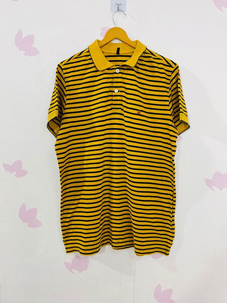 Benetton Yellow And Black Strips Polo T-shirt