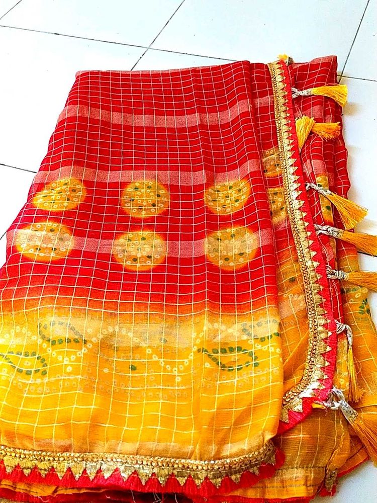 Red &amp; Yellow Checked Saree
