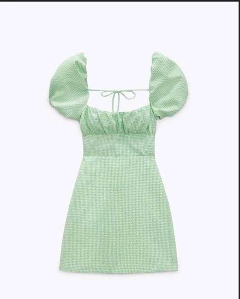 ZARA - Green Gingham Check Puff Sleeves Dress