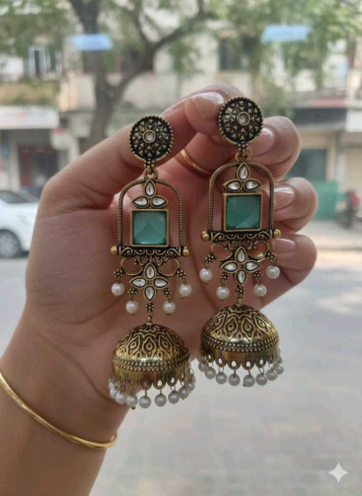 Green Jhumka Earrings