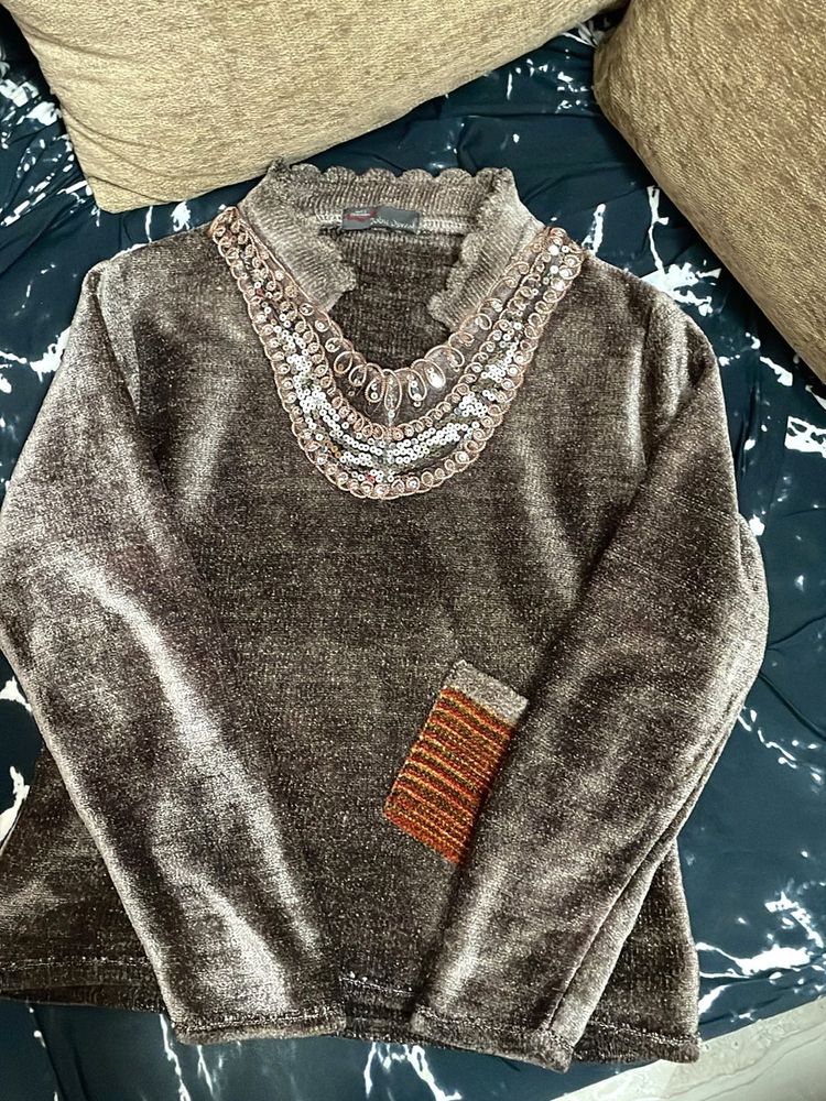 Elegant Embellished Brown Sweater