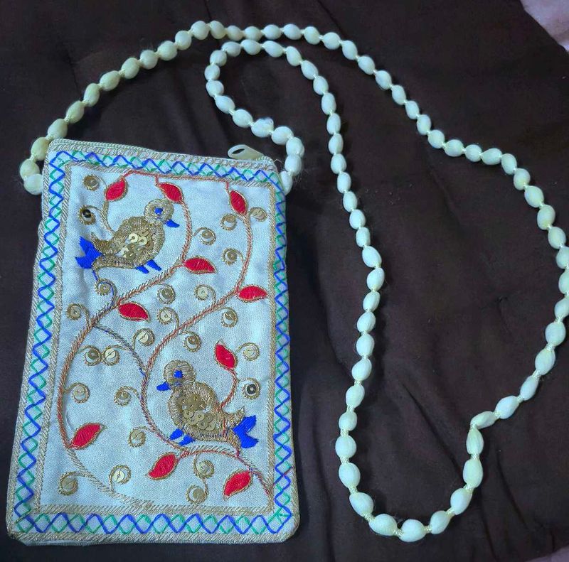 Unused Embroidered Pouch with Bird Detail