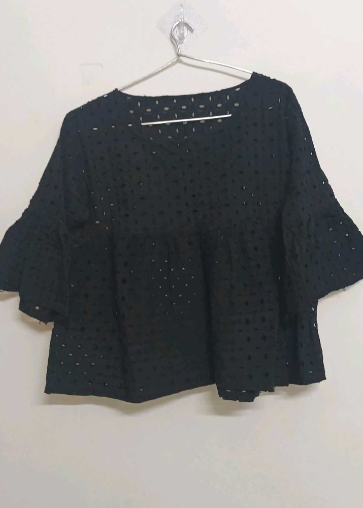 Black Eyelet Bell Sleeve Top