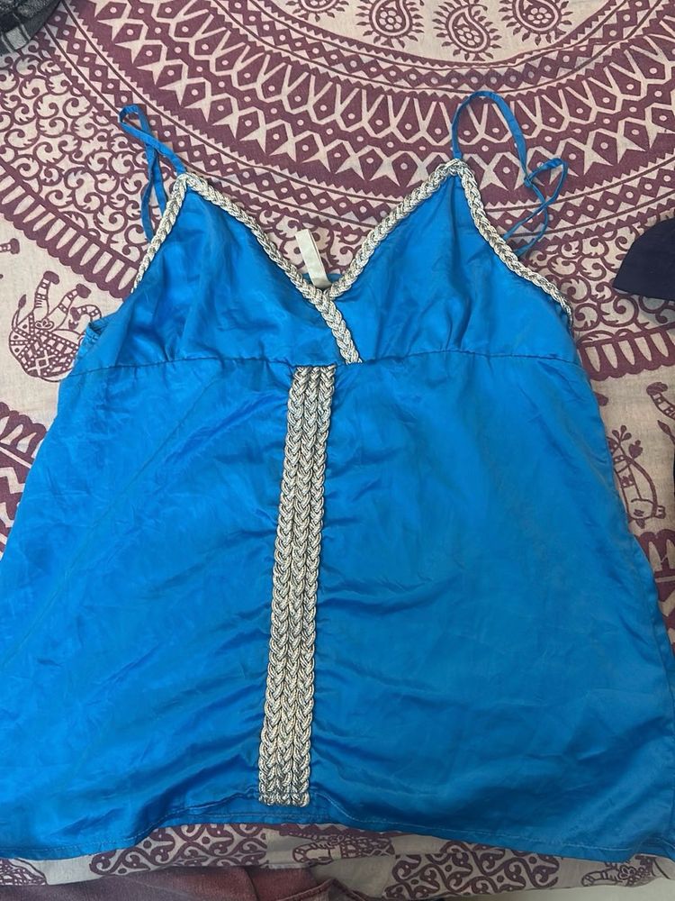 Blue Cami Top with Braided Trim
