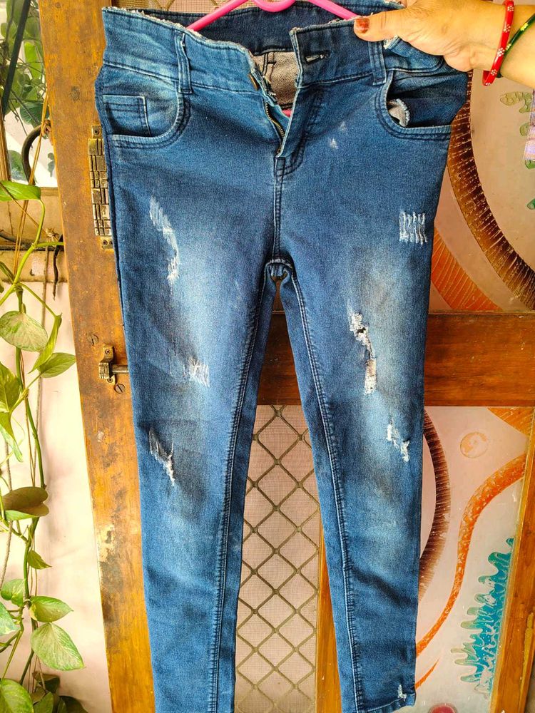 Solid Blue Stretchable Skinny Ripped Jeans