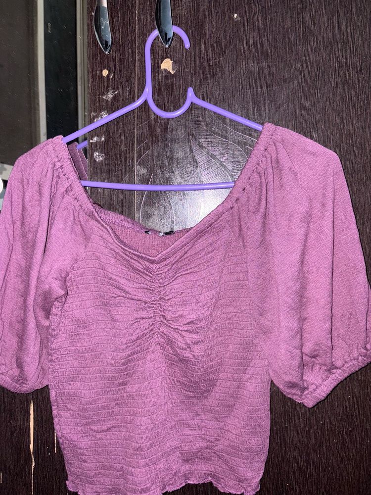 Purple Ruched Off-Shoulder Crop Top - Size S To M