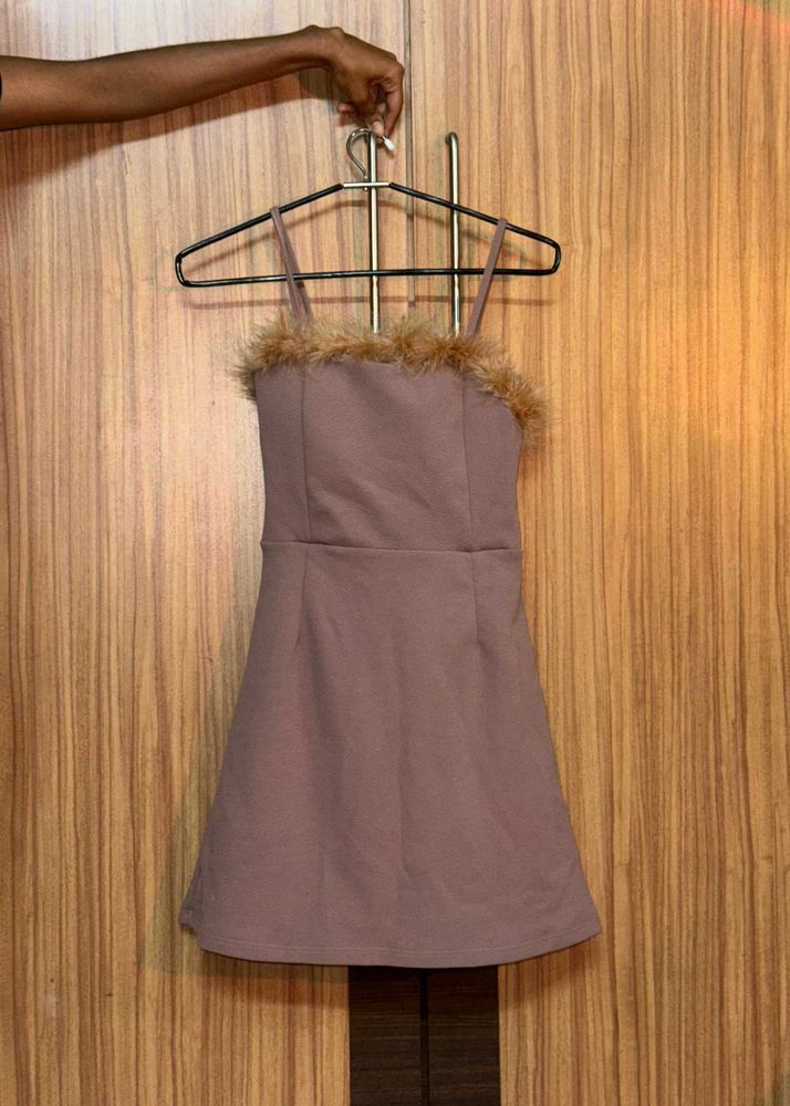 Mauve Faux Fur Trim Mini Dress
