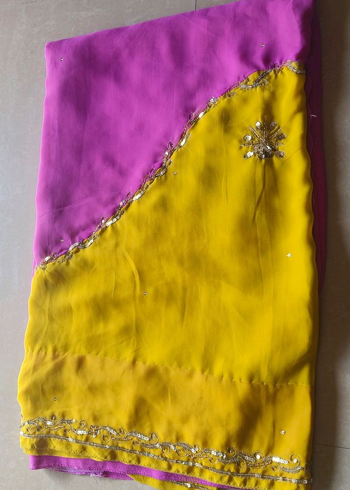 Stunning Yellow and Magenta Chiffon Saree