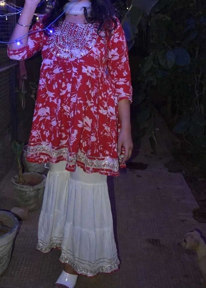 Red Floral Kurti &amp; White Sharara