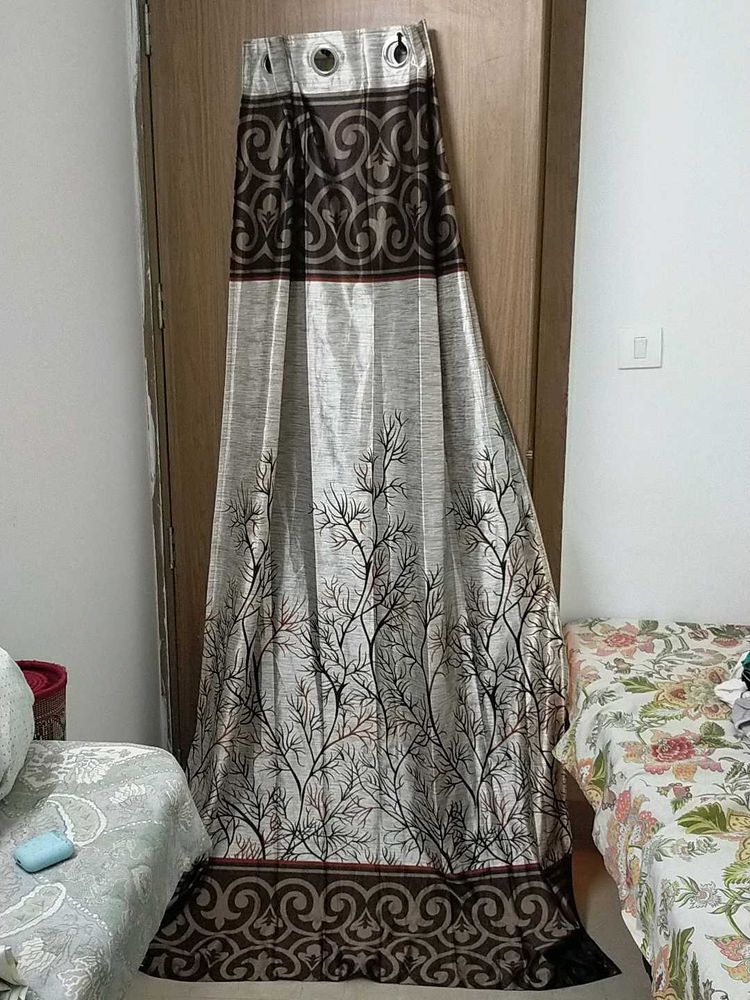 Elegant Brown &amp; Silver Floral 7 Feet Curtain