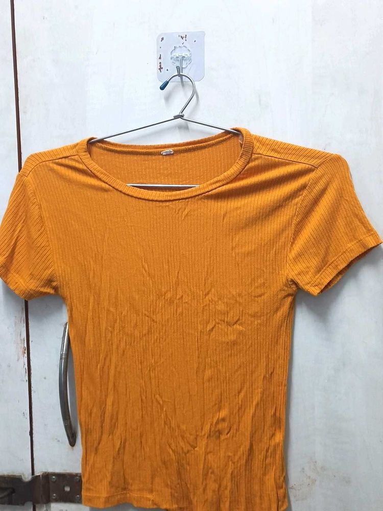 Orange Ribbed Short Sleeve Top