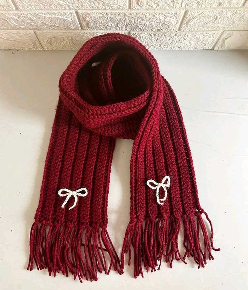Burgundy Knitted Scarf with Bows