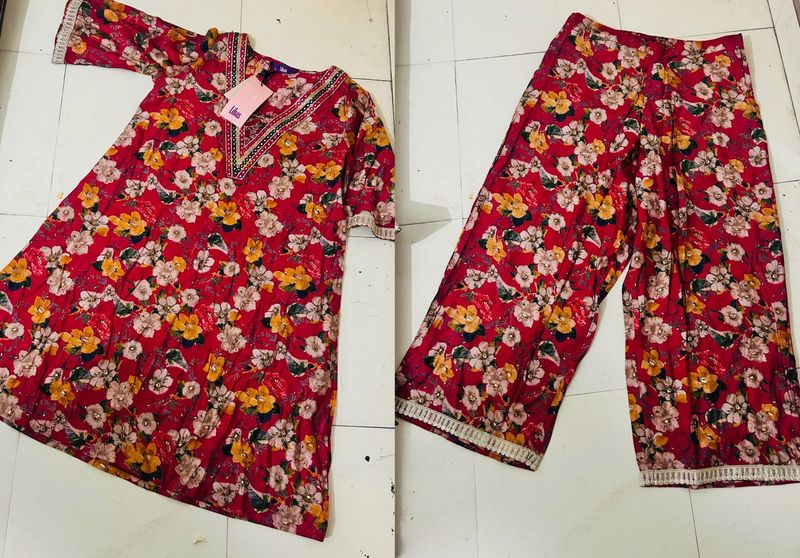Floral Print Pink  Kurti Palazzo Set