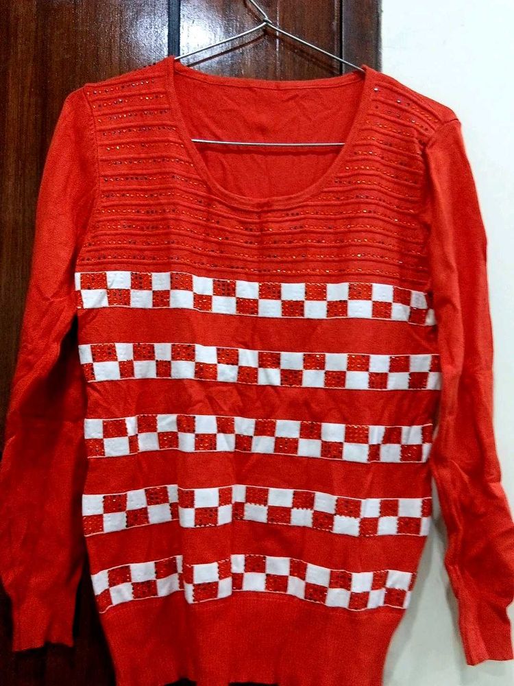 carrot red &amp; White Knit soft Sweater