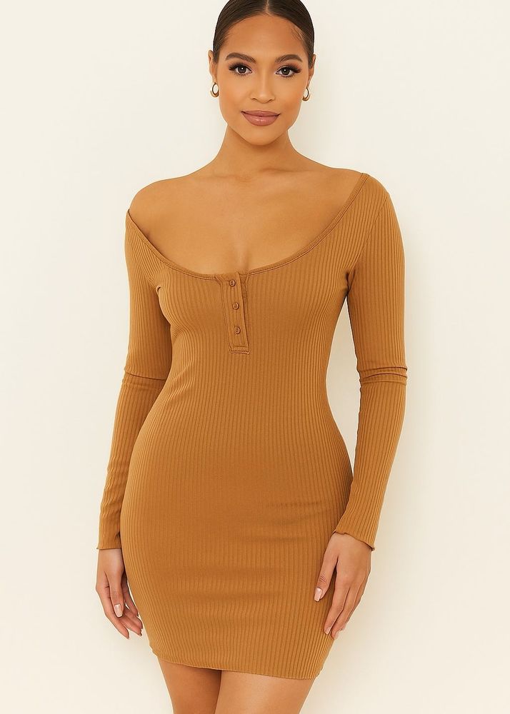 Brown Ribbed Bodycon Mini Dress