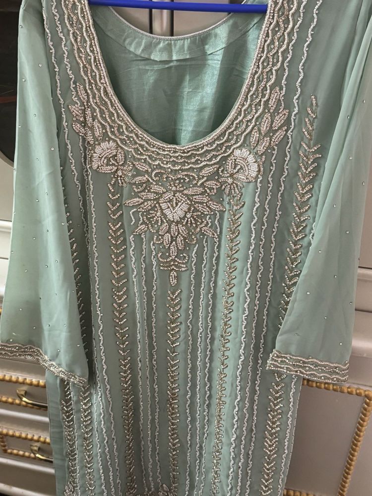 Elegant Mint Green Embellished Kurti Set