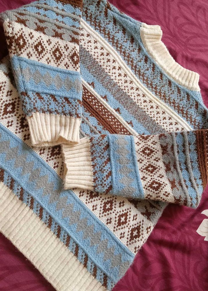 Fair Isle Knit Sweater Blue Colour