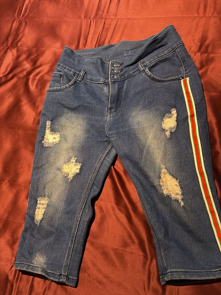 Distressed Denim Capri Pants