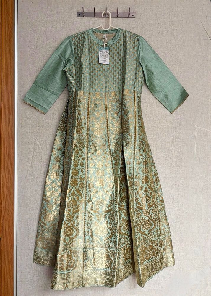 AKS Sea Green &amp; Gold Silk Anarkali
