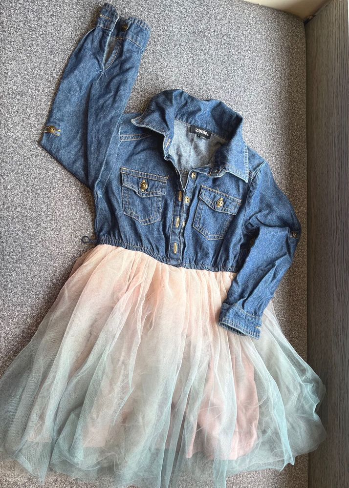 Imported Denim &amp; Tulle Dress