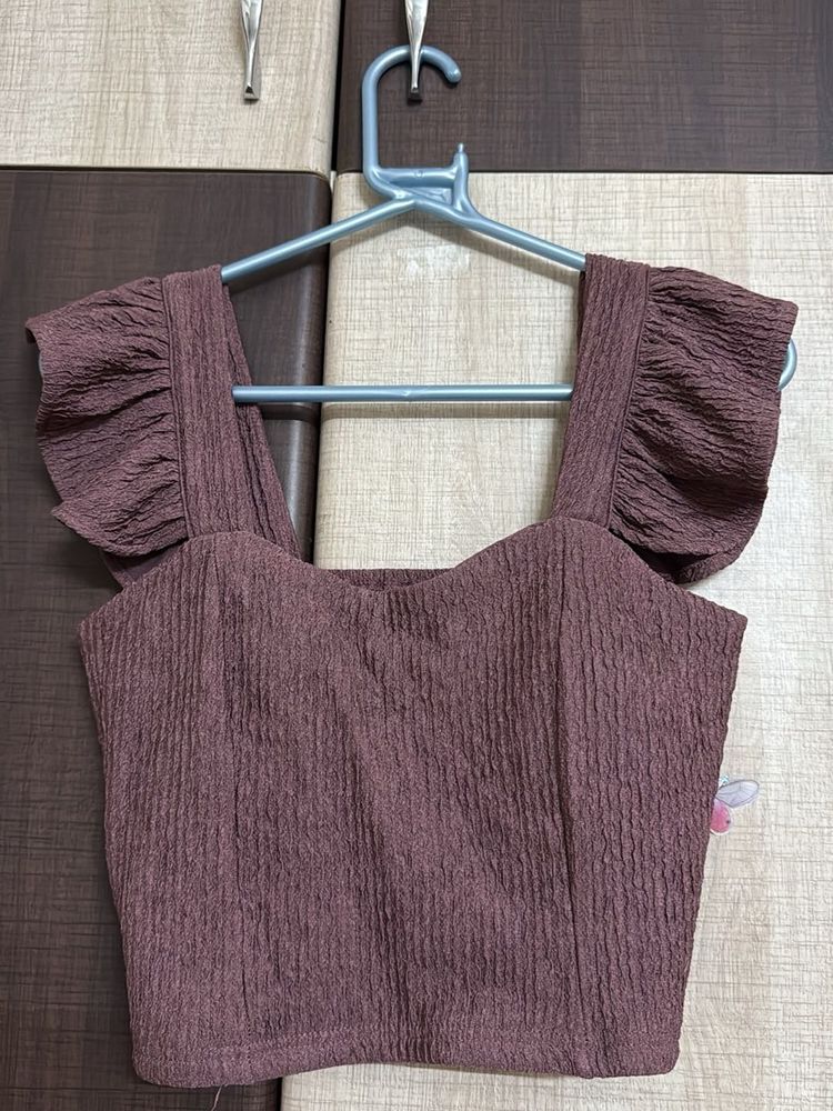 Brown Ruffle Sleeve Crop Top