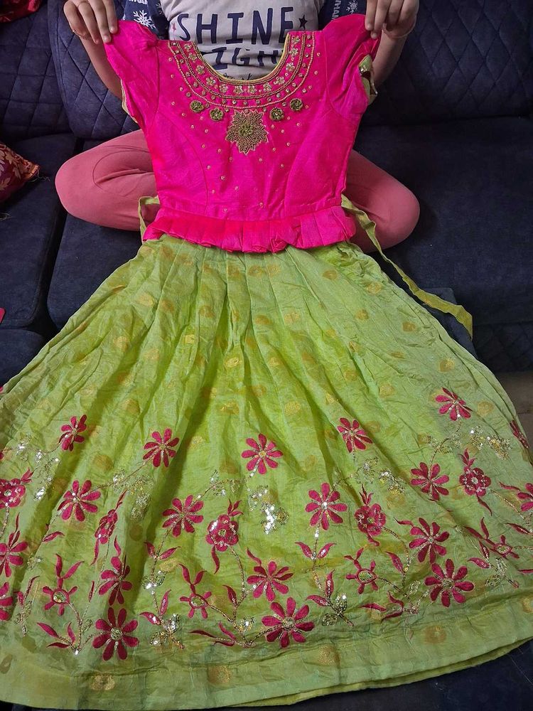 Girls Pink and Green Embroidered Frock