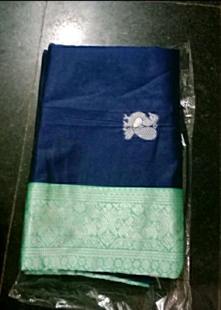 Royal Blue Colour Saree With Teal Green Pallu