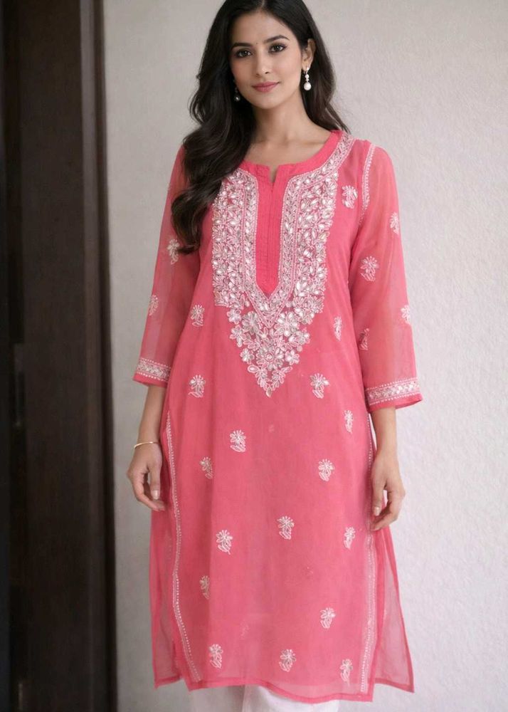 Pink Chiffon Embroidered Straight Kurta | Floral W