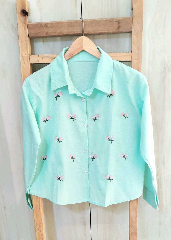 Light Green Embroidery Work Cotton Shirt Size-36