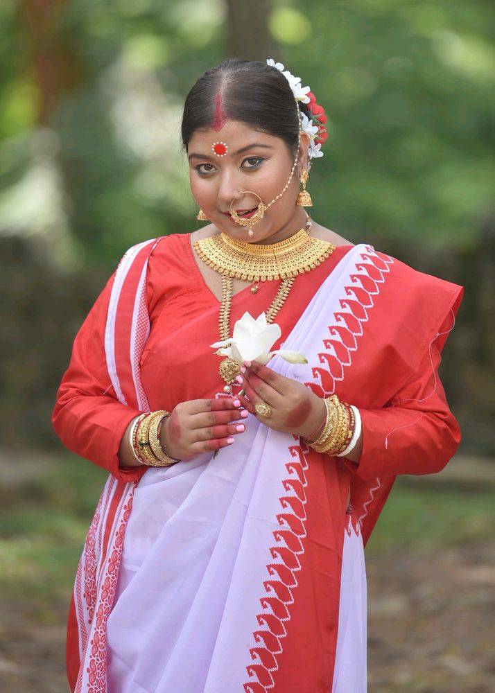Bengali Saree,Red Border White Saree