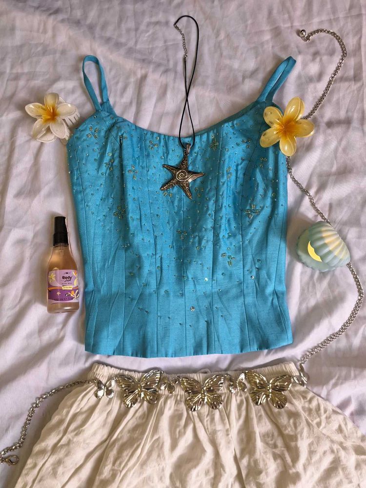 Blue Embellished Cami corset Top
