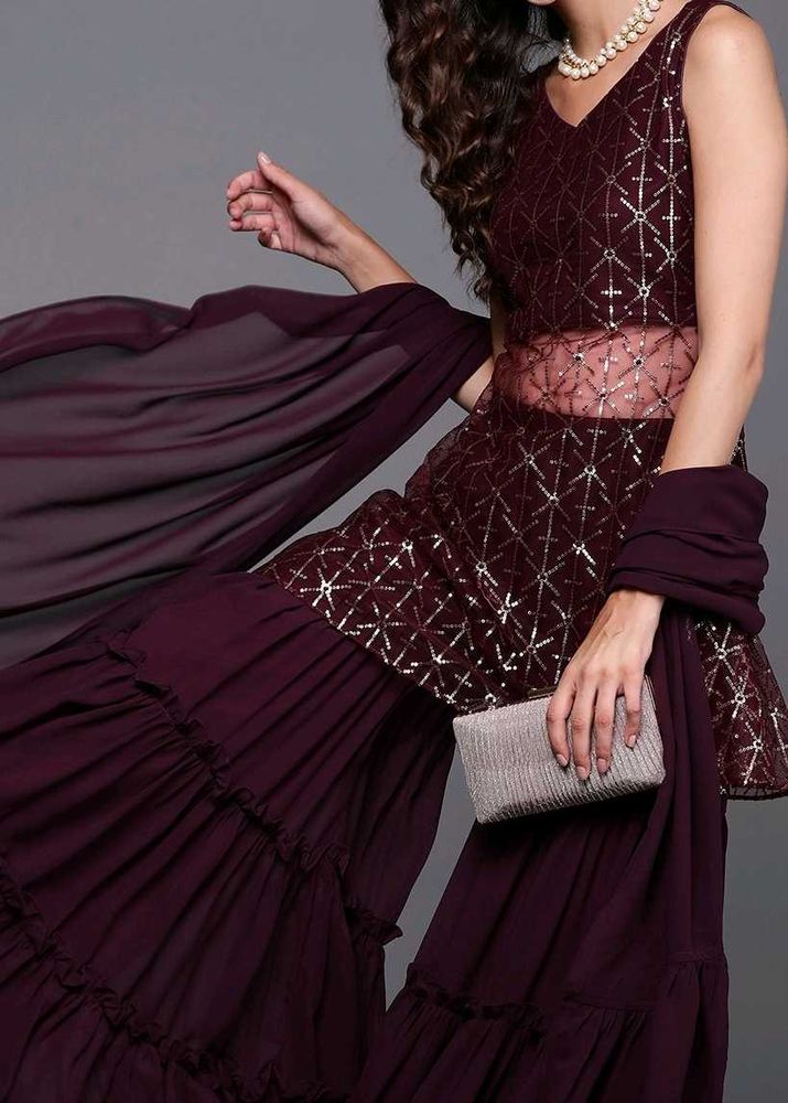 Women Net Sheer Kurta With Sharara And Dupatta