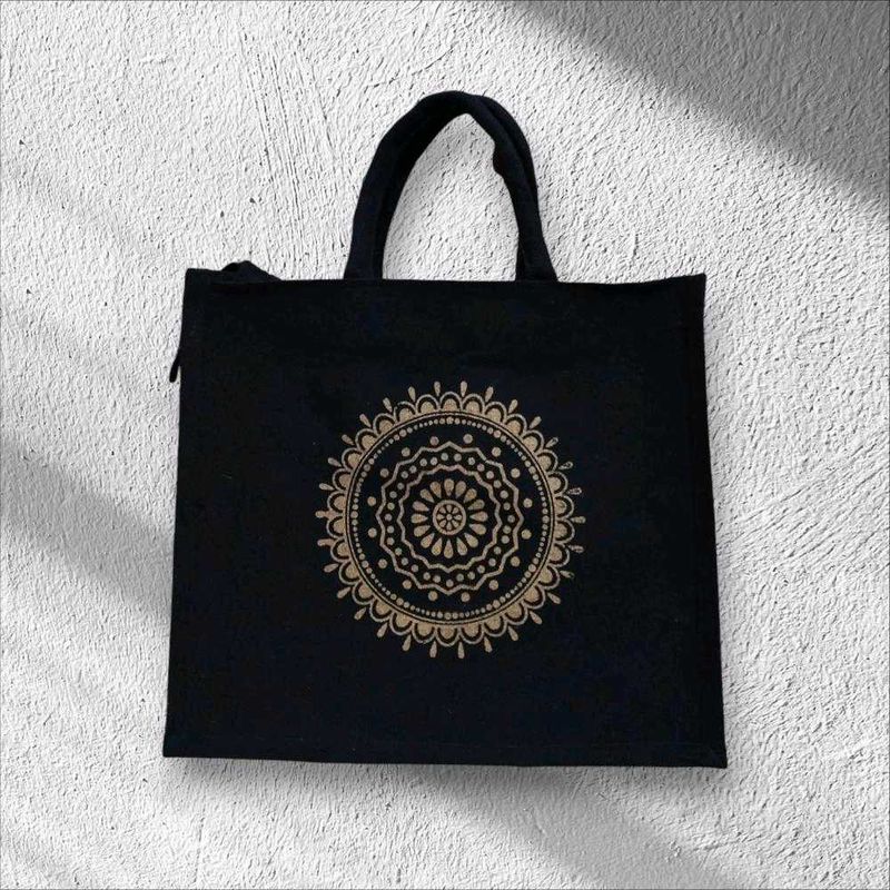 Beautiful Black Canvas Bag (Floral Rangoli) Design