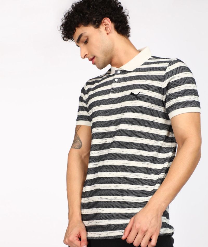 Original Puma Jacqaurd Stripped Polo Neck Grey Tee