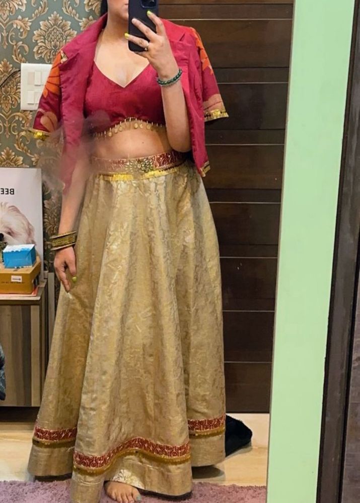 Designer Gold &amp; Maroon Banarasi Lehenga Set