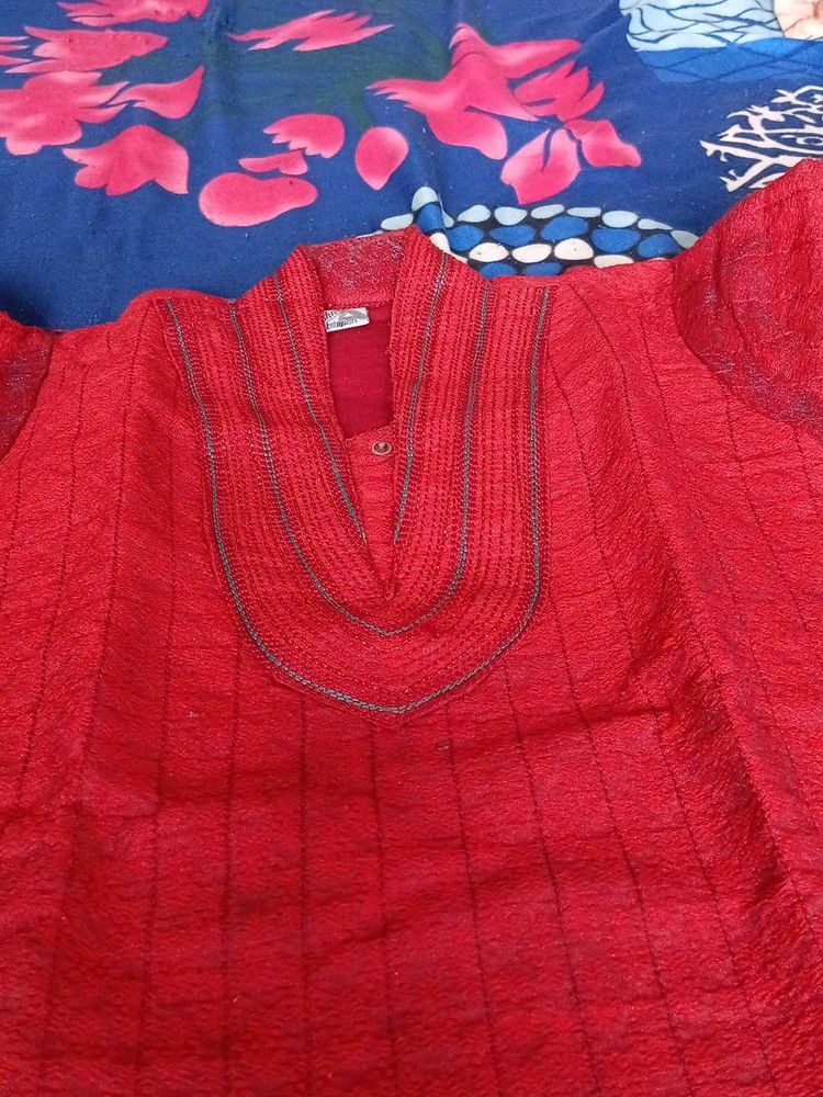Red Kurta with Detailed Neckline