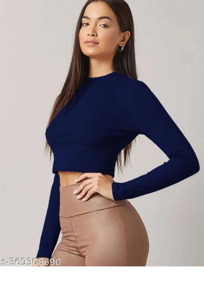 Navy Blue Long Sleeve Crop Top