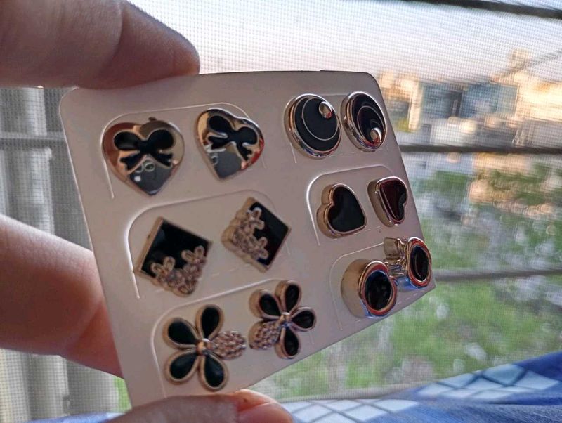 Designer Earrings Set 6 Pairs In Black &amp; Gold