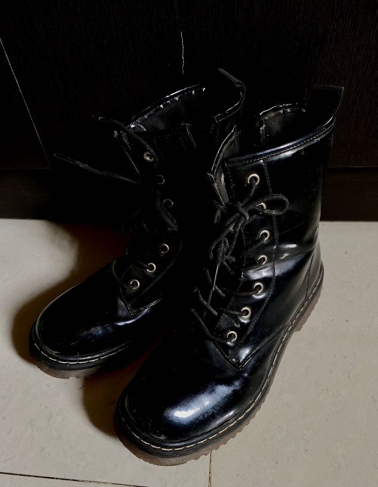 Truffle Collection Black Patent Combat Boots